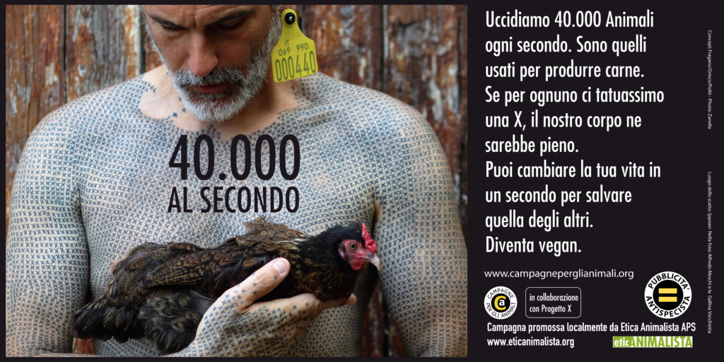 40.000 al secondo, sono gli animali che uccidiamo per l'alimentazione. Campagna pro veganismo